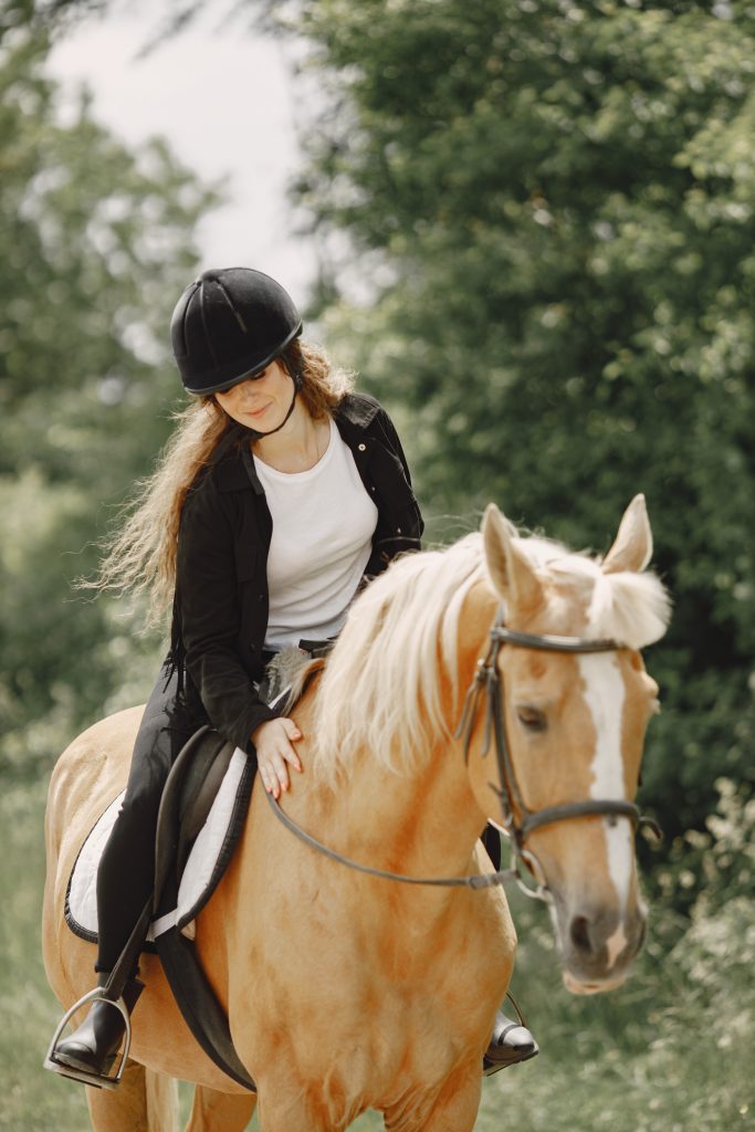 Portrait of woman in black helmet riding a brown horse